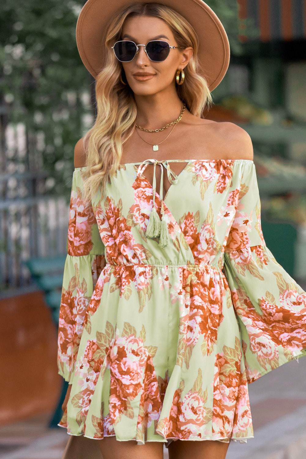 Floral Off-Shoulder Tassel Tie Romper_10