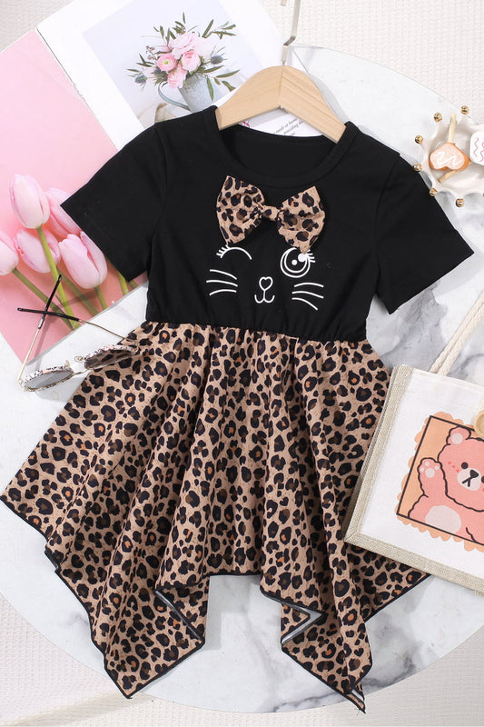 Girls Leopard Graphic Handkerchief Hem Spliced Dress_0