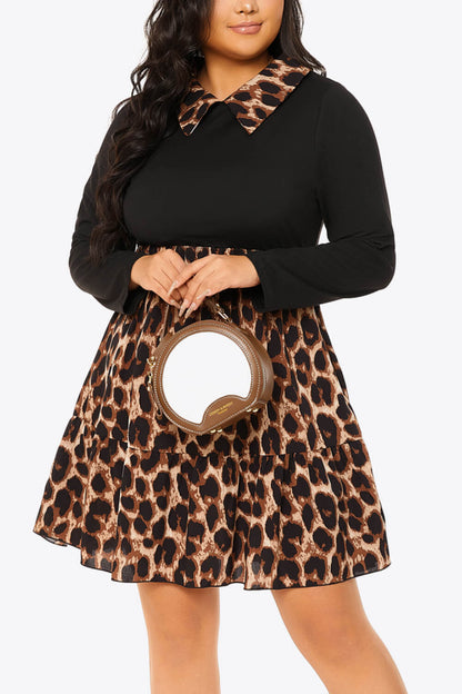 Leopard Color Bock Collared Long Sleeve Dress_0