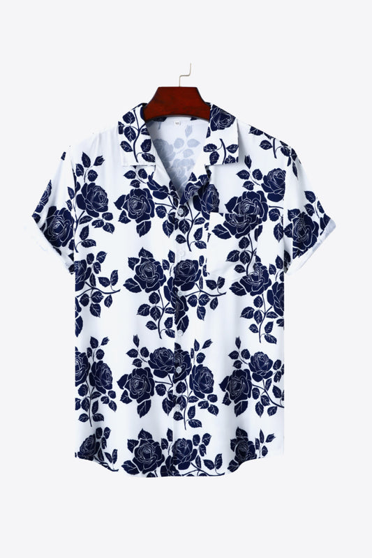 Floral Lapel Collar Short Sleeve Shirt_0