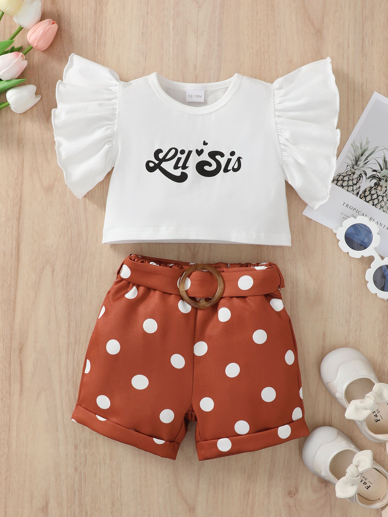 Girls Graphic Butterfly Sleeve Top and Polka Dot Shorts Set_0