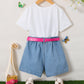 Butterfly Graphic Top and Belted Denim Shorts Set